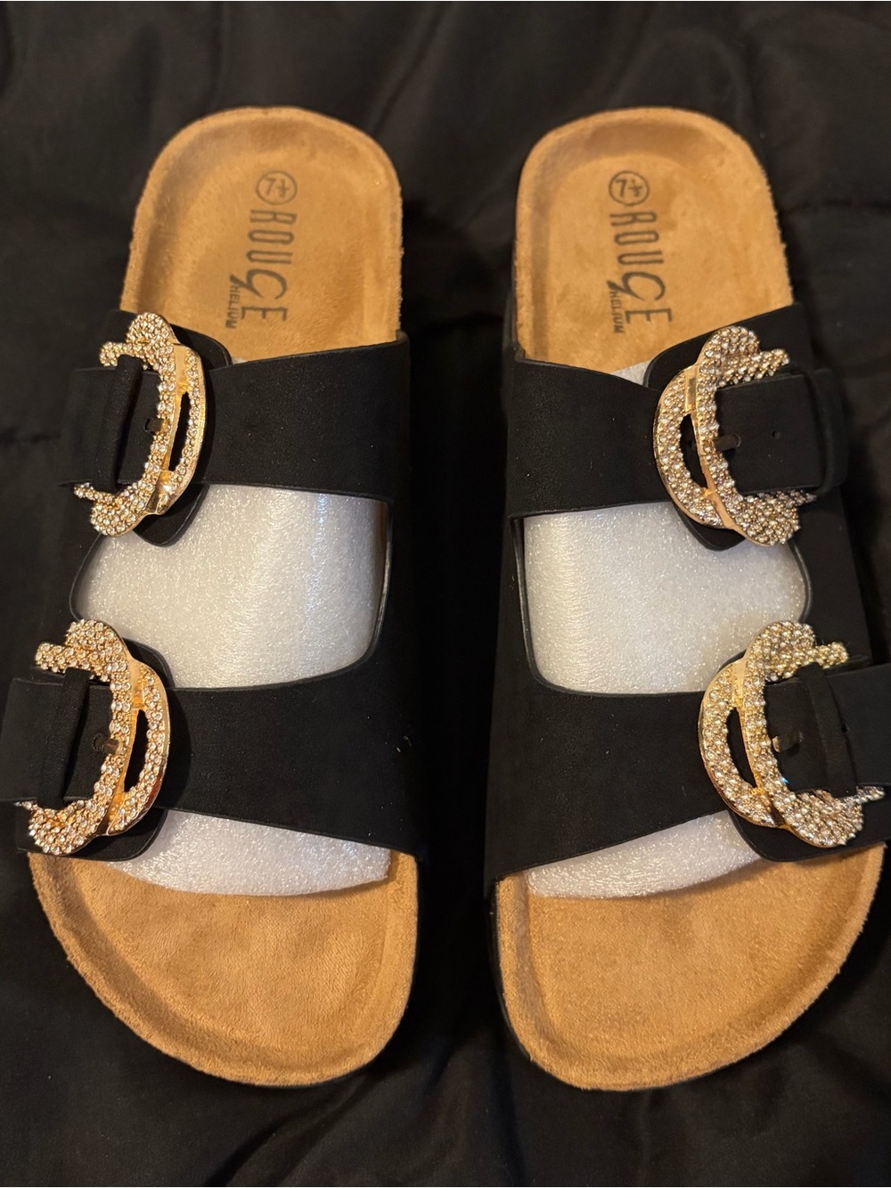 Rouge Helium Fashion Black Slide Sandals with Gold Rhinestone Buckles